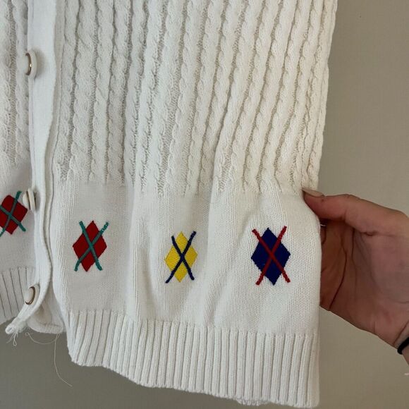 Vtg Aileen Womens White Cardigan Sweater Vest XL Ribbed Knit Argyle Golf Preppy - Picture 8 of 11